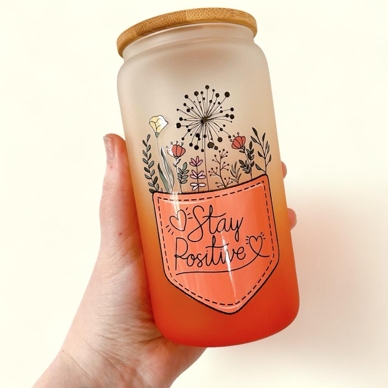 Stay Positive Frosted Orange Ombré Glass Can Cup