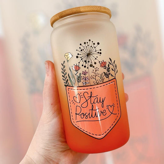 Stay Positive Frosted Orange Ombré Glass Can Cup