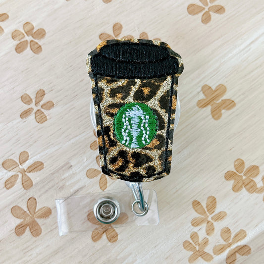 Leopard Starbies Coffee w/ Black Cover Removable Badge Topper