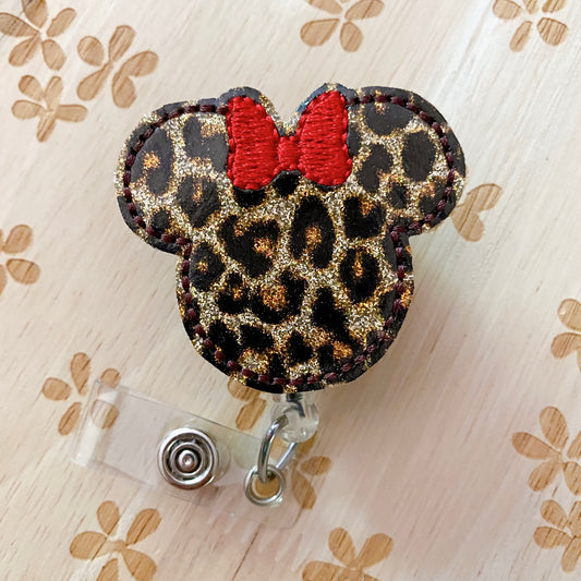 Leopard with Red Bow Mouse Removable Badge Topper